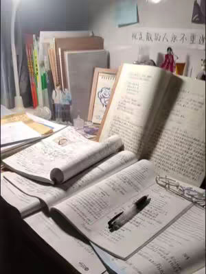 An overhead, slightly angled shot of a well-lit desk covered in textbooks, notebooks, and papers. A pen lies on top of an open notebook, and glasses are visible. In the background, a lamp provides light, illuminating stacks of books, a framed image, and a small figurine. The scene has a studious, motivational tone.