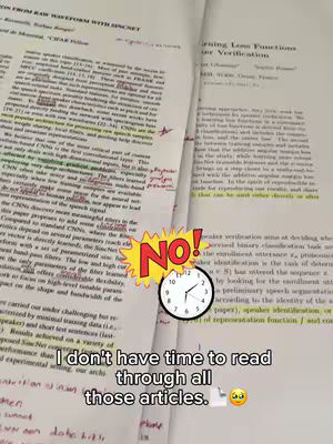 The cover image shows two open pages of research papers, heavily marked with highlights and annotations in red and green. A cartoon-style "NO!" speech bubble in yellow sits between the papers, above a small clock icon indicating the time. At the bottom of the image, the caption "I don't have time to read through all those articles" is written in a clean, sans-serif font, accompanied by an emoji of a thinking face.