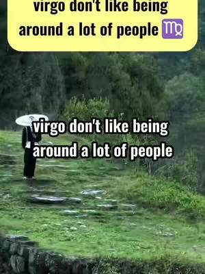 The image captures a misty outdoor scene featuring a person with an umbrella dressed in black, standing on a grassy hillside. The foreground features a stone structure, and the background is filled with dense green foliage and mountains. Text overlay expresses "virgo don't like being around a lot of people."