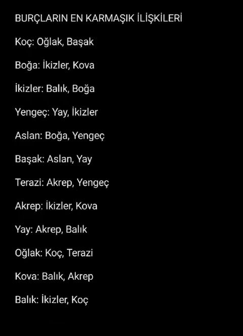 A black background with white text arranged in a list. The title "BURÇLARIN EN KARMAŞIK İLİŞKİLERİ" (The Most Complex Relationships of Zodiac Signs) is at the top. Below it are individual lines with zodiac signs and their corresponding pairings (e.g., Koç: Oğlak, Başak).