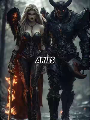 A digitally created image featuring two figures: an angel-like woman with blonde hair and a demon-like figure with horns. The woman wears a dark outfit and holds a fiery sword. The background is blurred with a forest, and the text 'ARIES' is overlaid.
