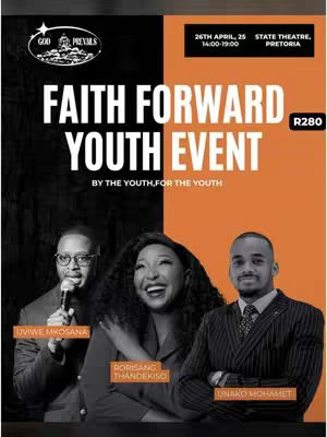 The cover image is a promotional poster for the "Faith Forward Youth Event." It features a black and orange split background. In the center, the words "FAITH FORWARD YOUTH EVENT" are prominently displayed in large white text. Below this is "BY THE YOUTH, FOR THE YOUTH" in a smaller font . At the bottom are three people, with their names under them. Three people make up the image, a man on the left, a woman in the center with expressive open mouth, and another man on the right. The top right corner of the poster lists the date, time, and location of the event. The logo "God Prevails" is in the upper left corner.