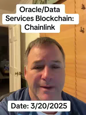 A man in a blue shirt is the central focus, set against a background of warm-toned wooden panels and a partially visible white door. Overlayed text in a white box at the top reads "Oracle/Data Services Blockchain: Chainlink", with the date "3/20/2025" in a white box at the bottom. The lighting is soft and the composition is well-lit.
