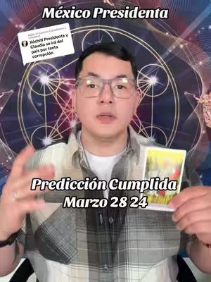 A man with glasses looks at the camera while holding a tarot card. Text overlays at the top and the bottom. The background contains a design.