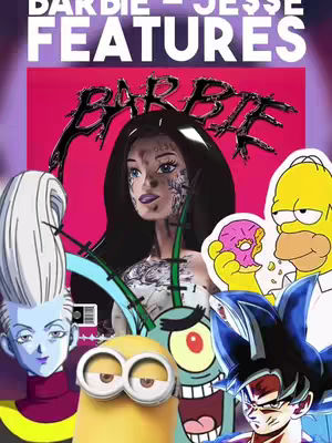 A collage-style image featuring multiple cartoon characters arranged around a central figure. In the center is a doll-like character with tattoos, wearing dark hair, with text overlayed above. Surrounding this figure are images of Whis, Goku, a Minion, Homer Simpson, and Plankton. The background is a vibrant pink.