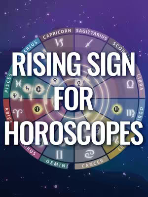 A circular graphic featuring a colorful astrological wheel. The wheel is segmented with various zodiac signs and symbols, set against a dark, starry background. Bold white text overlays the wheel, with the words 'RISING SIGN' and 'FOR HOROSCOPES' prominently displayed.