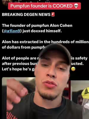 A man with a dark cap is facing the camera. Overlaid text indicates that Alon Cohen, the founder of an app called Pumpfun, has been "cooked" and possibly doxxed. The overall composition includes text overlayed on an image of the man, with a news format, and has a dark background.