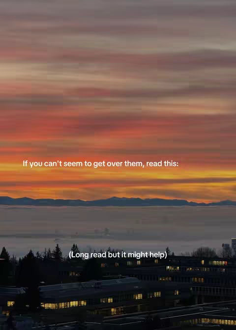 An image of a sunset with shades of orange, red, and purple fills most of the frame. Below the colorful sky is a dark, shadowy landscape featuring mountains and buildings. Two lines of white text are overlaid on the sky; they read 'If you can't seem to get over them, read this:' and, below, '(Long read but it might help)'.