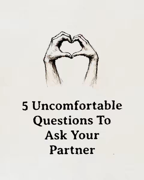 The cover image displays a minimalist design with a heart shape formed by two hands against a neutral background. Below the hands, large, bold text reads, "5 Uncomfortable Questions To Ask Your Partner."