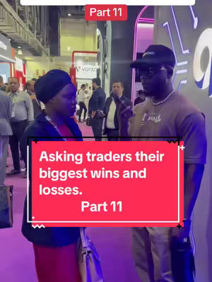 Two people are in conversation in a busy area with other people in the blurred background. Overlay text on the image, which is highlighted via a red box. The overlay reads:
Asking traders their biggest wins and losses. Part 11