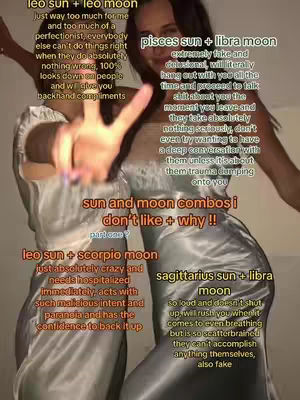 Two women are shown from the waist up against an out-of-focus background of what appears to be a room. They are positioned closely together, with their arms around each other. The text overlays divide the screen into sections. The women are facing to the left, with one woman's hand in a peace sign over the other woman’s.