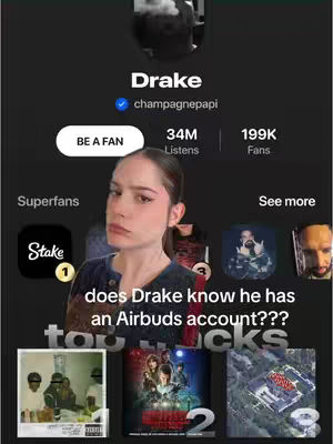 A cover image with a Drake profile, behind which is a woman making a doubtful face, with the texts "Top Tracks" and "does Drake know he has an Airbuds account???" overlaid.