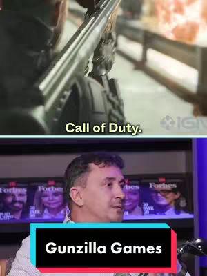 The image is split into two sections. The top half shows a first-person view of someone holding a rifle, part of a game or simulation, with the text 'Call of Duty' overlaid near the bottom. The bottom half features a man sitting in front of a shelf with various magazines. A text overlay at the bottom reads 'Gunzilla Games'.