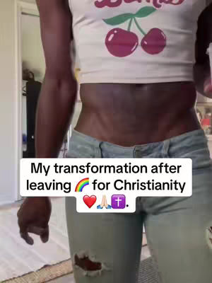 The cover image shows a person from the mid-torso down, wearing a white crop top with cherry graphics and light-wash jeans with a distressed patch. The person is standing, seemingly in a room, with text overlaid on the lower half of the image.