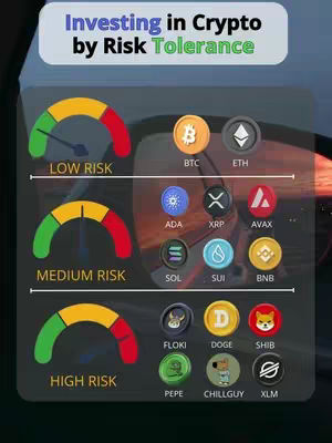 The image is a graphic designed to show different investment risk levels for cryptocurrencies. It presents information in a layered format, including an overlayed title within a rounded rectangle at the top. The graphic shows three risk levels: 'Low Risk', 'Medium Risk', and 'High Risk', each visually represented by a speedometer graphic, with a needle indicating the risk level. The currencies are represented by their logos alongside, organized under each risk level. The background appears to be a blurred view from a vehicle window, suggesting a dynamic, potentially travel-related context.