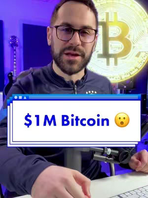 A man with glasses speaking in front of a blue-lit background with a large Bitcoin logo. A graphical overlay displays the text '$1M Bitcoin'.