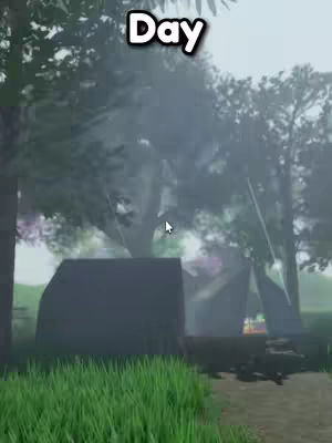 An outdoor scene featuring a tent setup in a wooded area. The foreground has green grass and a dirt path leads to the background where trees create a canopy. The sky is overcast and the scene is in muted green and gray tones.