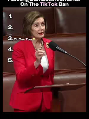 A woman in a red blazer stands behind a podium, gesturing with her right hand and speaking into a microphone. Ranking numbers are overlaid on the left side, with the text "Ranking Dumbest Moments On The TikTok Ban" at the top.