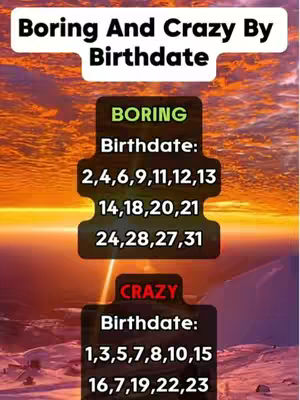 The cover image is a vertical graphic. It features a gradient background transitioning from orange to yellow, resembling a sunset over a stylized landscape. On top of this are text elements arranged in a list, with a section at the top reading "Boring And Crazy By Birthdate". Beneath, two stacked elements display the words "BORING" and "CRAZY", each with a list of numbers underneath. The overall aesthetic gives off an informational, list-based vibe with a somewhat digital design.