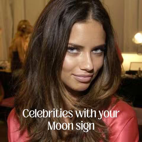 The cover image features a woman with long, dark hair, looking directly at the viewer. She has a light complexion, and the background appears to be blurred, suggesting an indoor setting. Text overlay reads, "Celebrities with your Moon sign."
