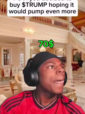 A young Black man with a black beanie hat, wearing a red shirt, and large black headphones, looking at the camera in a surprised way, and the text overlay says 70$. The background is a luxurious interior.