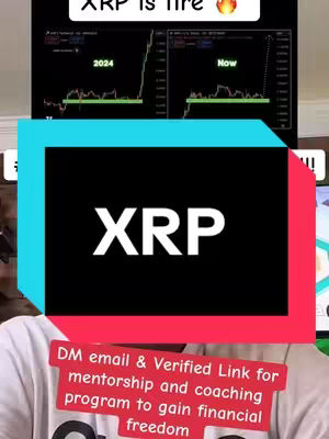 The image shows a person holding a phone towards the view with "XRP" text overlayed on a black background. Above it, a comparison graph is placed, showing the xrp chart from 2024 to now. A pink rectangle is also added at the bottom. Text overlaid include "XRP is fire".