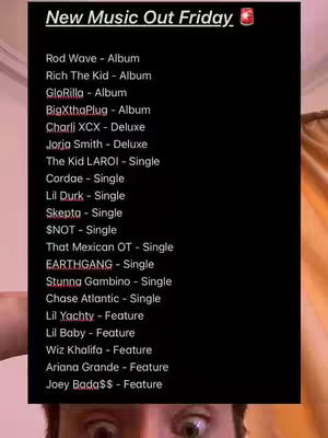 The cover image is a vertical shot featuring a list of upcoming music releases on a black background. The text is white with a red emoji in the top right corner. Below the list, a person's face with slightly widened eyes is visible.