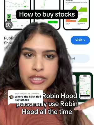 A woman with dark hair looks directly at the camera. Behind her are several smartphone app screenshots related to finance. Overlayed on the image is bold text that reads 'How to buy stocks'. At the bottom of the image are comments and a call to action inviting viewers to tap the link in the bio.