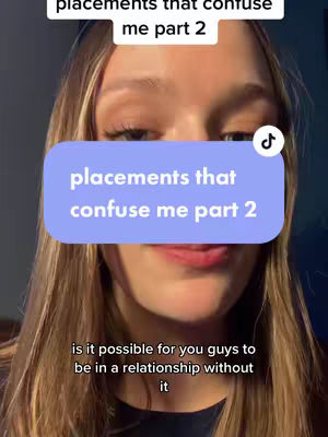 A close-up shot of a woman's face focuses on her eyes and mouth. A text overlay in a light-blue rounded rectangle reads "placements that confuse me part 2". The background is slightly out of focus.
