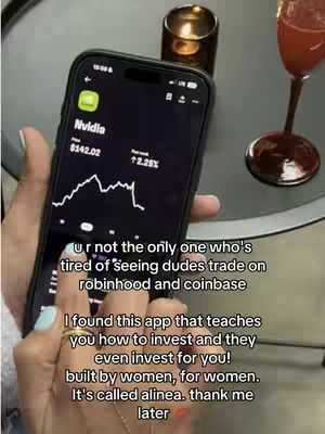 The cover image shows a person's hand holding a smartphone displaying a stock chart for Nvidia on the screen, with the digits $142.02 and +2.25% in view. The layout includes text overlaying the image, with the text set in a sans-serif font displaying information about the app, the logo, and a call to action at the bottom of the screen, on a dark background. The color palette consists of black, green and white. A glass of wine and a candle are also visible.
