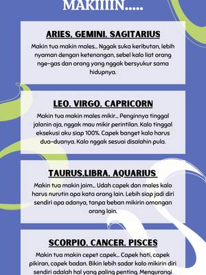 The image is a simple layout, utilizing a blue background with a white text boxes. Each box contains text describing the characteristics of different zodiac signs. The layout is clean with different colored wave-like elements dividing the sections.