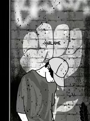 Illustration featuring a person with their head bowed, wearing a cap, in front of a brick wall with a large hand silhouette, with the word 'HABLAME' overlaid in the image. The background style is urban, with a grayscale color palette and a slightly distressed, textured effect.