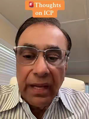 A man with glasses is centered in the frame, against a soft, neutral background. The man's direct gaze and open mouth suggest he is speaking. A graphic, orange box with the text 'Thoughts on ICP' sits above his head. His light-colored striped shirt adds contrast, and the lighting is soft and natural.