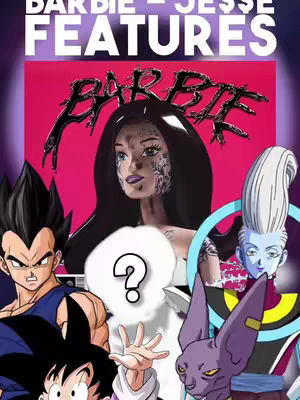 The cover image is a colorful collage featuring characters from the Dragon Ball franchise combined with a central image of a doll's face with tattoos. The characters include Vegeta, Goku, Whis, Beerus, and another character, with a question mark icon over them. The style suggests a mix of anime and pop culture, with vibrant colors and a dynamic composition.
