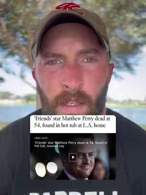 The cover image features a man with a concerned expression, set against a blurred outdoor background. A news clip about Matthew Perry appears in the lower center.