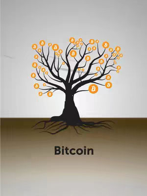 An illustration depicting a tree with bitcoin symbols as leaves and a background divided into two sections: a light gray upper portion and a brown lower portion. The word "Bitcoin" is displayed in the brown section.
