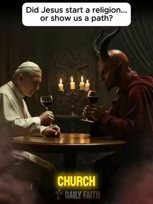 The image depicts a contemplative scene with two figures seated at a table, appearing to be the Pope and a demon figure. A lighted candelabra sits in the background. The text overlay asks a philosophical question.