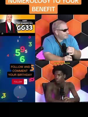 The image is a split-screen composition. The upper left quadrant shows a man speaking over a background that is black and surrounded by text that reads: GARY THE NUMBERS GUY GG33. The upper right corner depicts a man wearing sunglasses and a blue shirt, holding a microphone. A segment on the lower left shows different numbers against a blue background with a call to action: "FOLLOW AND COMMENT YOUR BIRTHDAY" and buttons to follow and comment. In the bottom right, a different man is holding a microphone, revealing a shirtless upper body and seems ready to engage in a podcast.