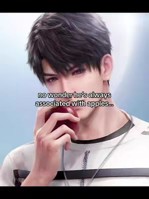 A digital art rendering of a young man with dark hair and purple eyes, holding a red apple near his mouth, with text overlayed on the top.