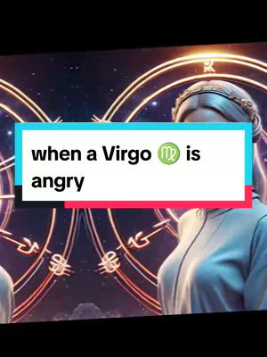 The cover image features a stylized illustration with a background of celestial patterns, including gold-colored circular designs. A white box with the text 'when a Virgo is angry' is superimposed in front of a silhouetted figure with an elaborate headdress.
