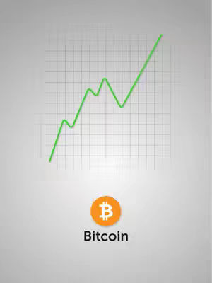 A graphic showing a green line graph trending upwards over a grid, a Bitcoin logo, and the word "Bitcoin". The background is a gradient of light grey.