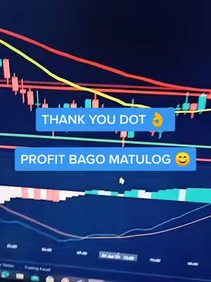 The cover image shows a screenshot of a trading platform interface with overlaid text elements. The background appears to be a dark blue with financial chart data, showing lines and candlestick patterns. Two rectangular text boxes are positioned horizontally, with the top box reading 'THANK YOU DOT' and the bottom one, 'PROFIT BAGO MATULOG' (likely tagalog for 'profit before sleep'), both written in a sans-serif font on a light blue backdrop. A thumbs up and a smiling face emoji are placed at the end of the text. The overall composition suggests a tutorial about financial trading.
