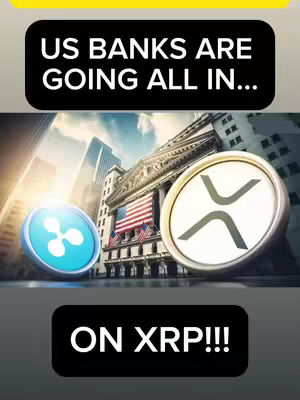The image shows a stylized graphic about XRP with large XRP logos flanking a backdrop of a cityscape with the US flag in the background, with text overlays at the top and bottom.