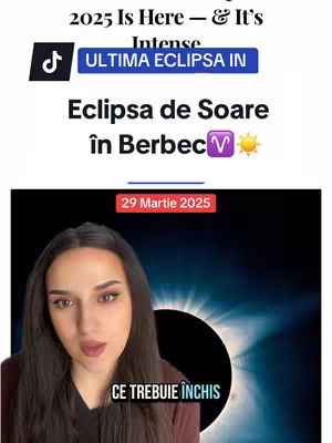 The cover image shows a woman in front of the camera, with multiple text overlays. She has dark hair and is wearing a maroon top. The background of the image shows a stylized depiction of a solar eclipse in space. The layout is designed for portrait viewing, common on platforms like TikTok.