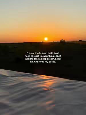 The cover image shows a scenic sunset with a quote overlayed. The sky transitions from orange near the horizon to lighter shades above, with the sun just below the treeline. The foreground features a dark, textured surface. The quote in centered white text reads: 'I'm starting to learn that I don't need to react to everything... I just need to take a deep breath. Let it go. And keep my peace.'