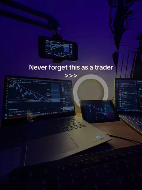 The image shows a setup for trading with a dark, professional aesthetic. A person is trading in a room, and there are multiple screens displaying financial charts. The central light is bright. The text overlay is asking the viewer to always remember something as a trader.