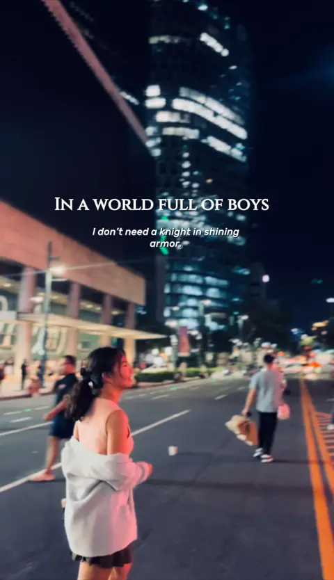 The cover image shows a young woman walking in the street at night, with a city skyline in the background. She is wearing a light-colored outfit, with a light gray jacket. Text overlays at the top convey a message.