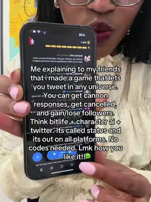 The cover image shows a close-up of a person holding a smartphone. The background is slightly blurred with a yellow and blue abstract art piece. The person's face and hands are visible, with pink nail polish. The phone displays text on a dark background with a simple UI. The text overlay describes the app's function.