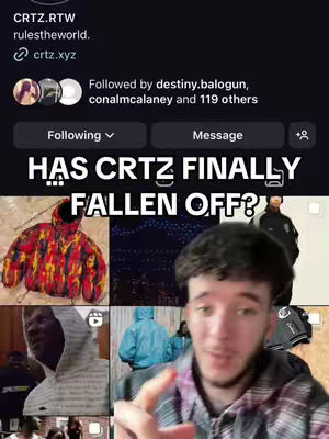 The cover image features a person with a plaid shirt in the bottom right corner, gesturing with their right index finger. Below and to the left of the subject is a grid of images showing Cortiez clothing and social media feeds, the overlay text at the top reads "HAS CRTZ FINALLY FALLEN OFF?".