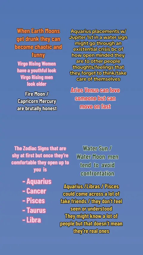 The image has a light blue gradient background with text organized into two columns of bulleted points or short phrases. The text is in a neon/glow font that stands out against the background. The layout is designed for quick information consumption, likely for social media or a similar format.